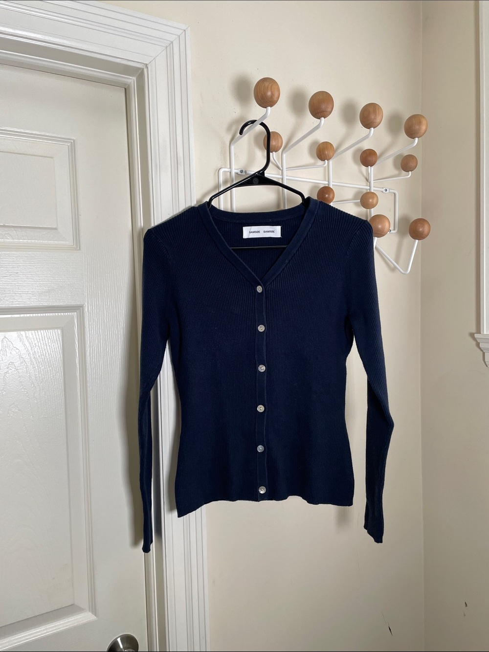 SAMSOE Silk Blend Ribbed V-Neck Button Cardigan Navy - S